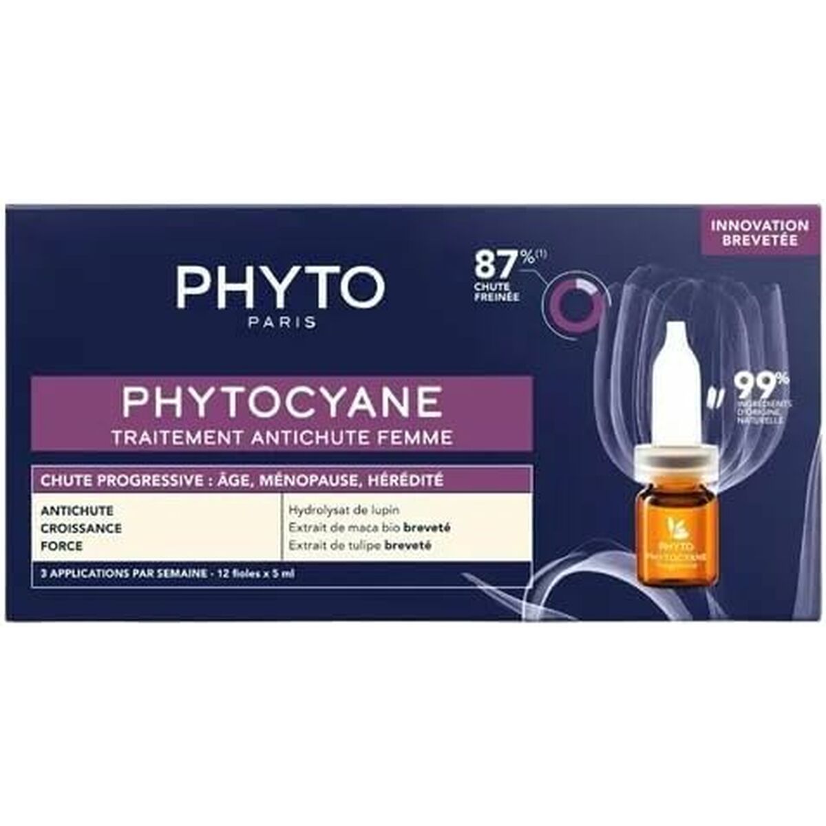 Phyto Paris Phytocyane anti-hair loss treatment for women with natural ingredients, 12 vials of 5 ml each.