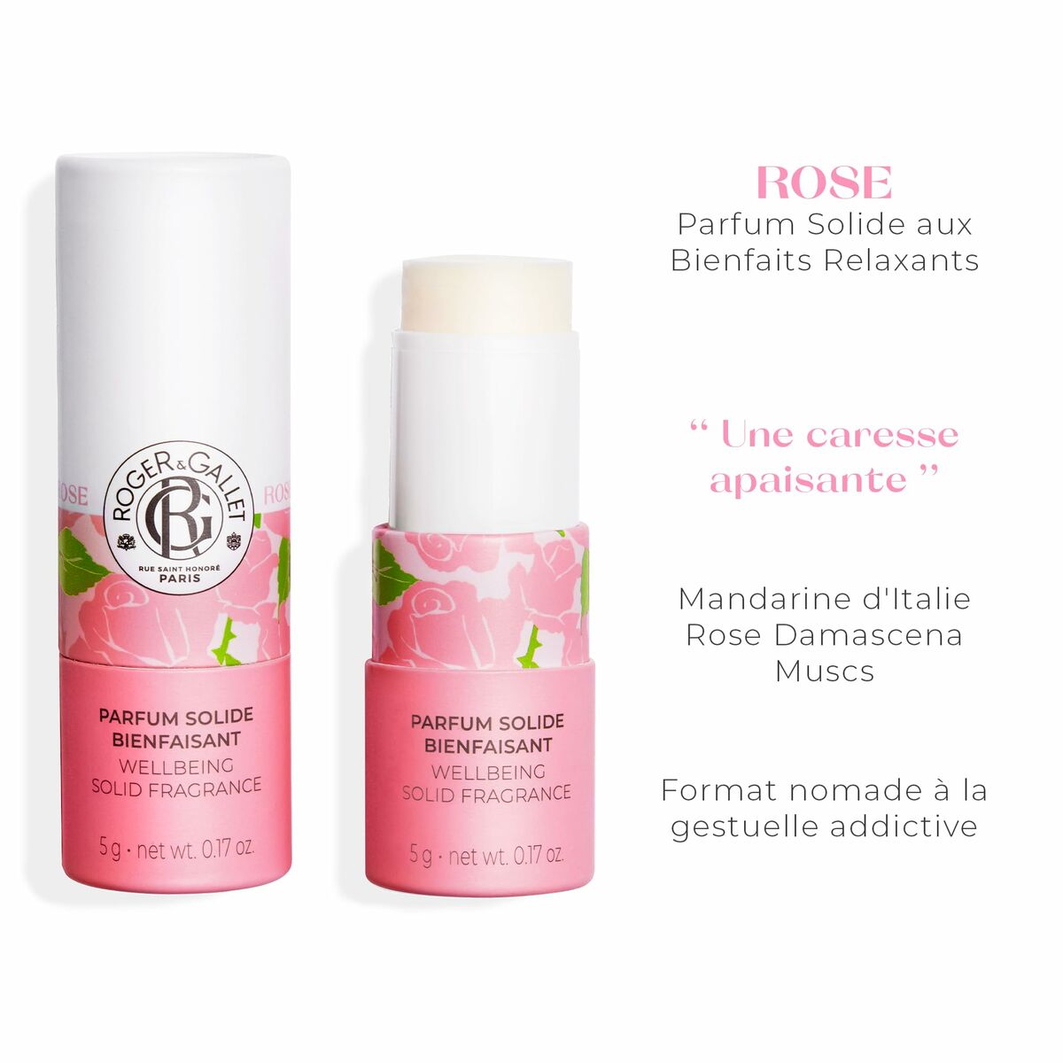 Parfum Unisexe Roger & Gallet ROSE Rose EDT 5 g, solide, format nomade, bienfaits relaxants, fragrance raffinée.