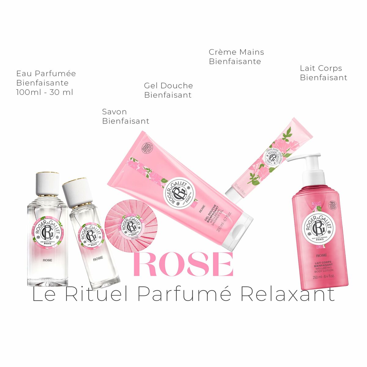 Gamme de soins parfumés Roger & Gallet ROSE incluant Eau Parfumée, Gel Douche et Crème Mains.
