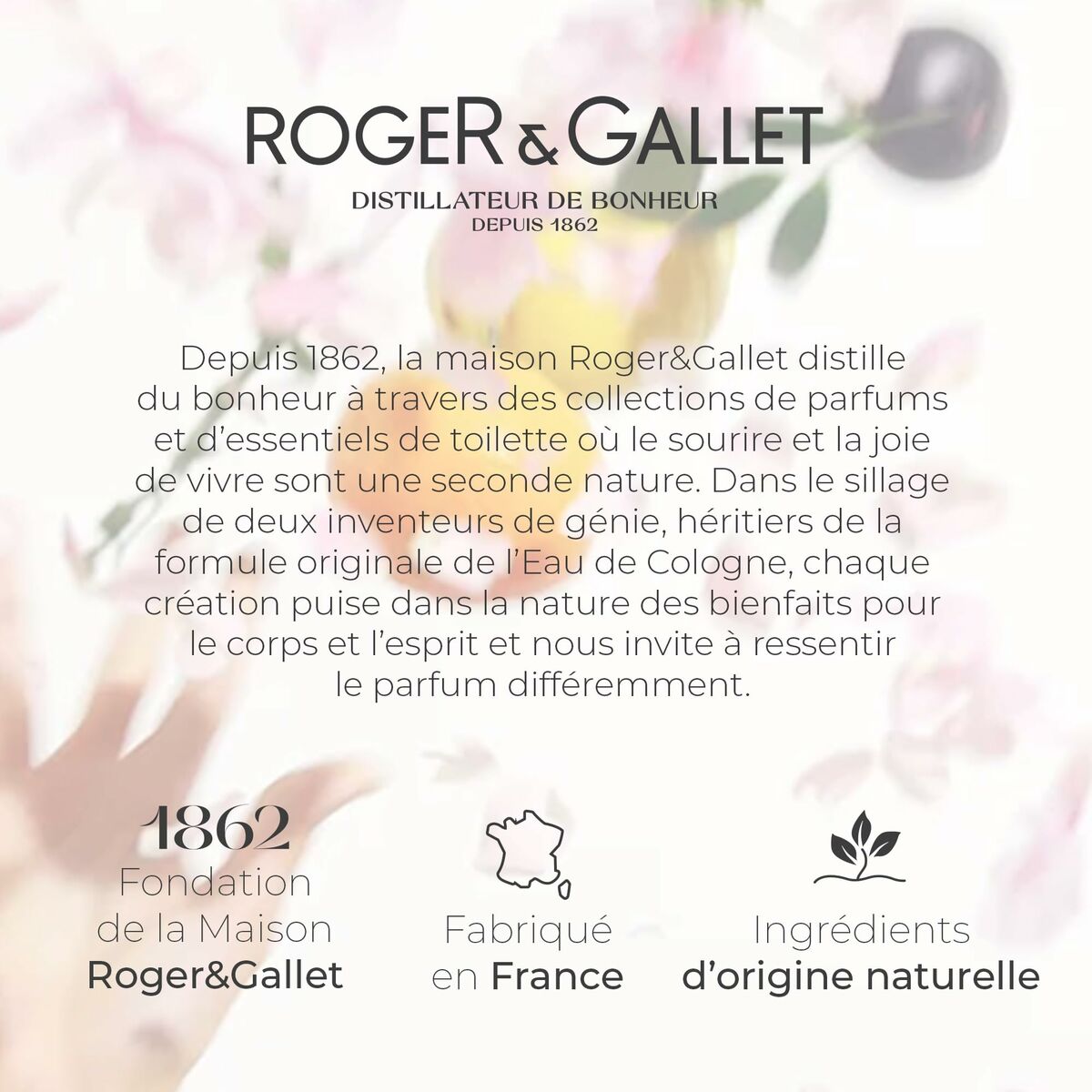 Image showcasing Roger & Gallet brand history and philosophy, highlighting natural ingredients and French craftsmanship.