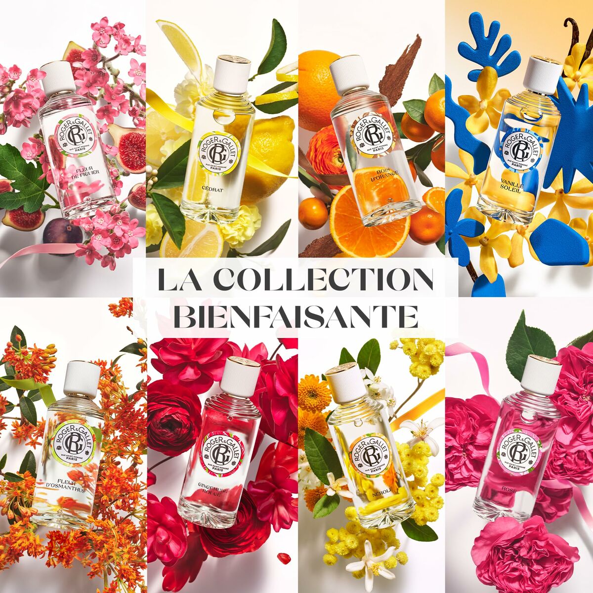 Various floral fragrances from Roger & Gallet's La Collection Bienfaisante, showcasing vibrant colors and elegant packaging.