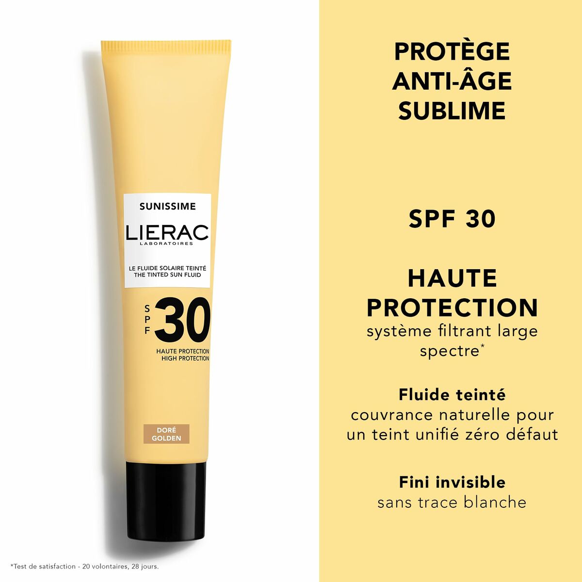 Crème solaire teintée Lierac SUNISSIME SPF 30, haute protection, texture fluide, fini invisible, couleur doré.