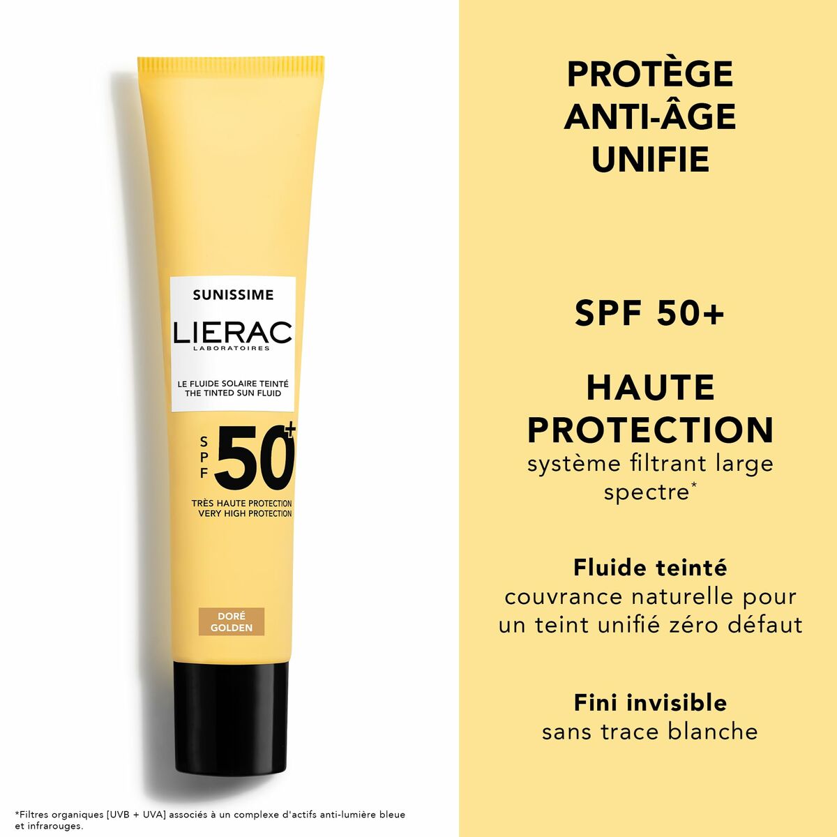 Lierac SUNISSIME tinted fluid sunscreen SPF 50+, vegan formula with natural ingredients for flawless skin.