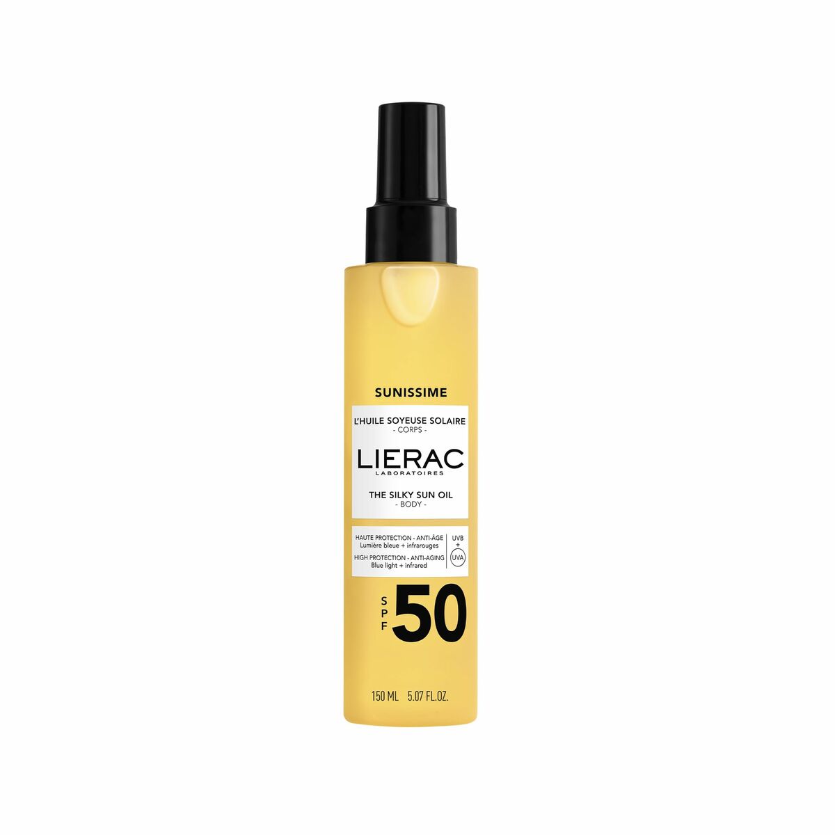 Lierac SUNISSIME SPF 50 sunscreen oil 150ml displayed in a sleek yellow bottle for sun protection.