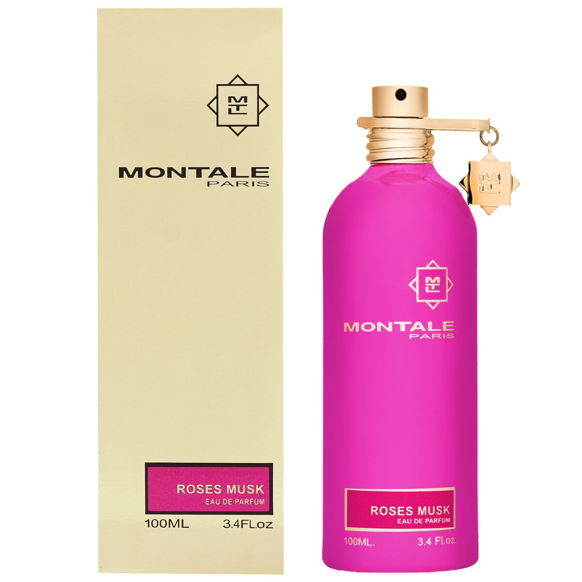 Montale Roses Musk EDP 100ml bottle with box, vibrant pink design celebrating femininity and elegance.