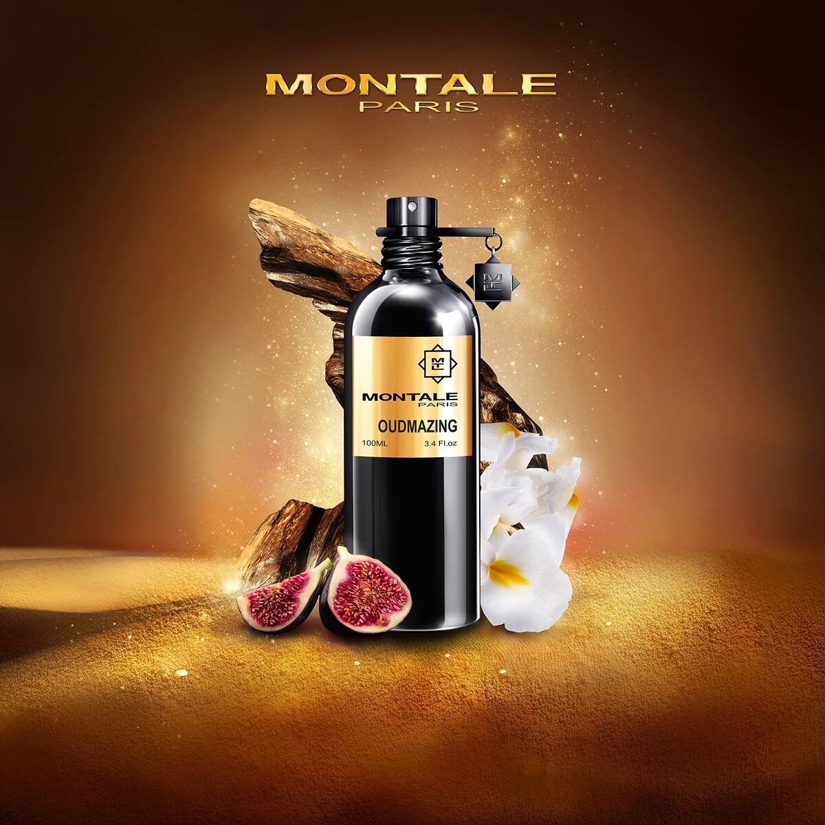 Parfum Montale OUDMAZING EDP showcasing a luxurious bottle surrounded by figs and flowers.