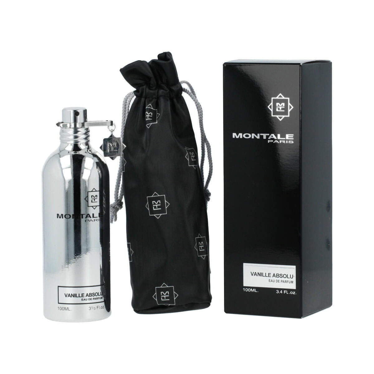 Parfum Femme Montale Vanille Absolu 100ml EDP bottle with packaging and pouch.