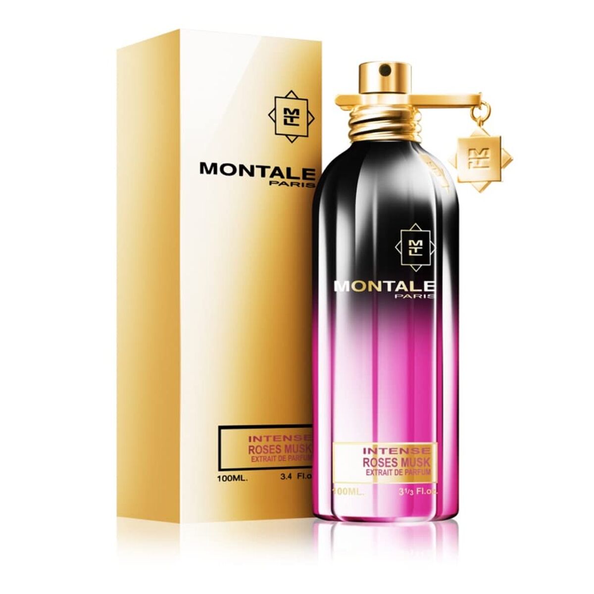 Montale Intense Roses Musk EDP 100ml with golden packaging, showcasing its luxurious feminine fragrance.
