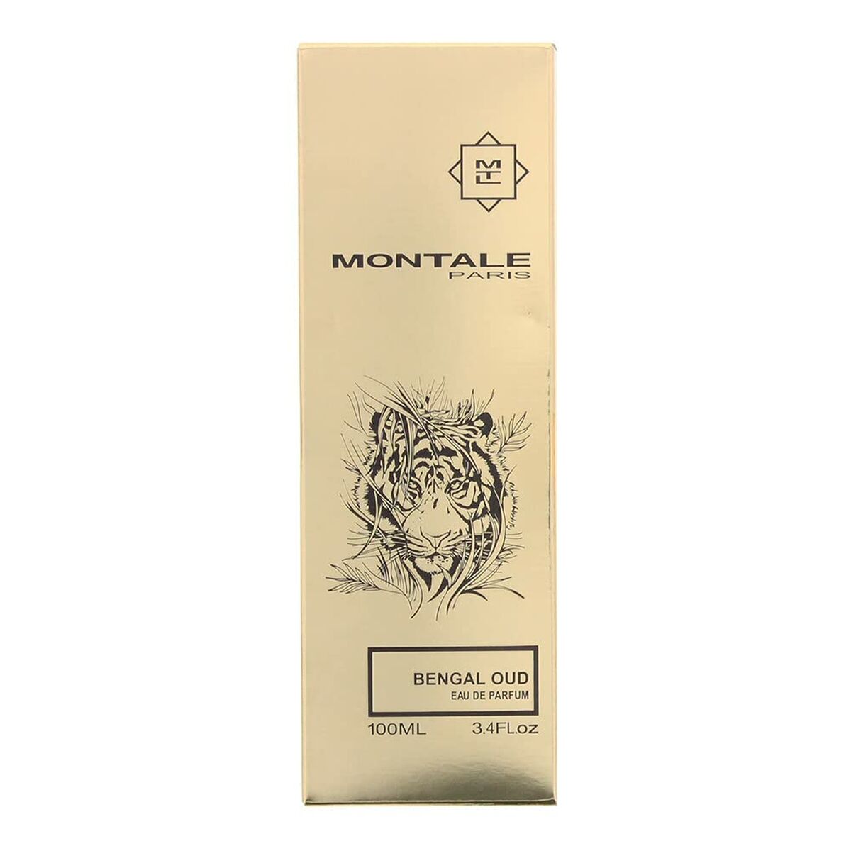 Montale Bengal Oud EDP perfume box, 100ml unisex fragrance with tiger design on gold packaging.