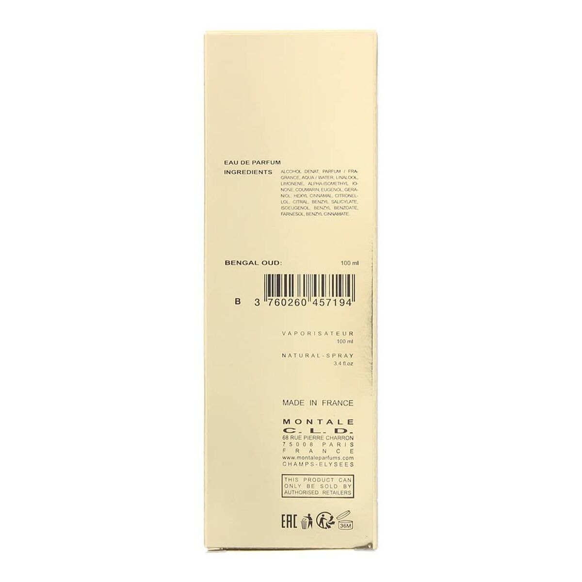 Back of Parfum Unisexe Montale Bengal Oud EDP packaging showing ingredients and details, 100 ml Eau de Parfum.