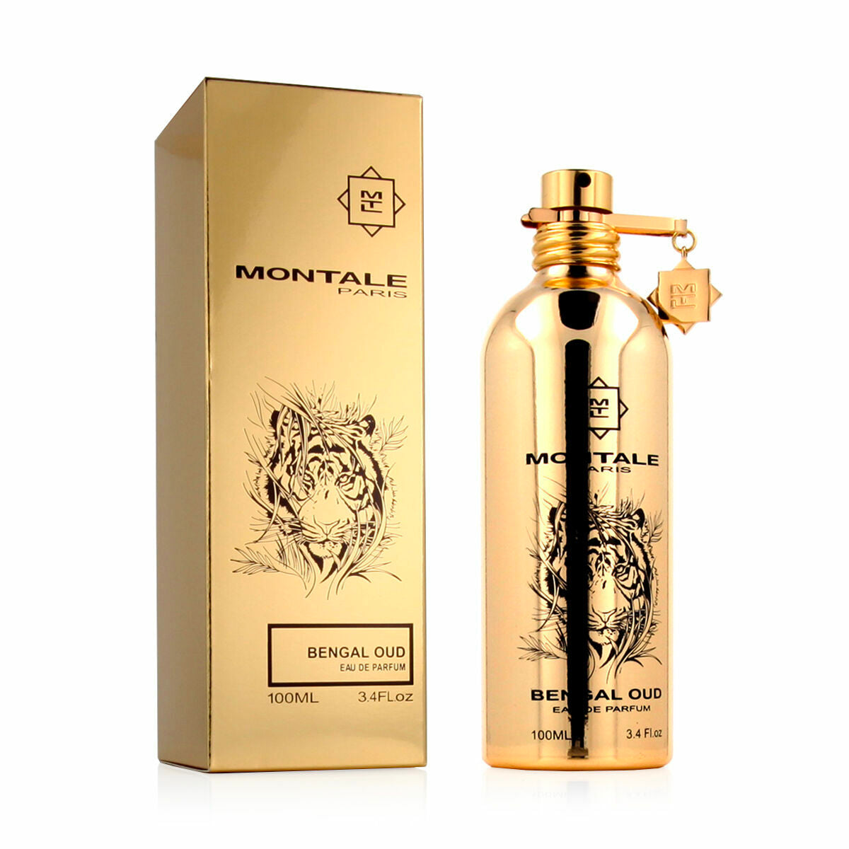 Montale Bengal Oud EDP 100ml perfume bottle with elegant golden packaging showcasing a tiger design.