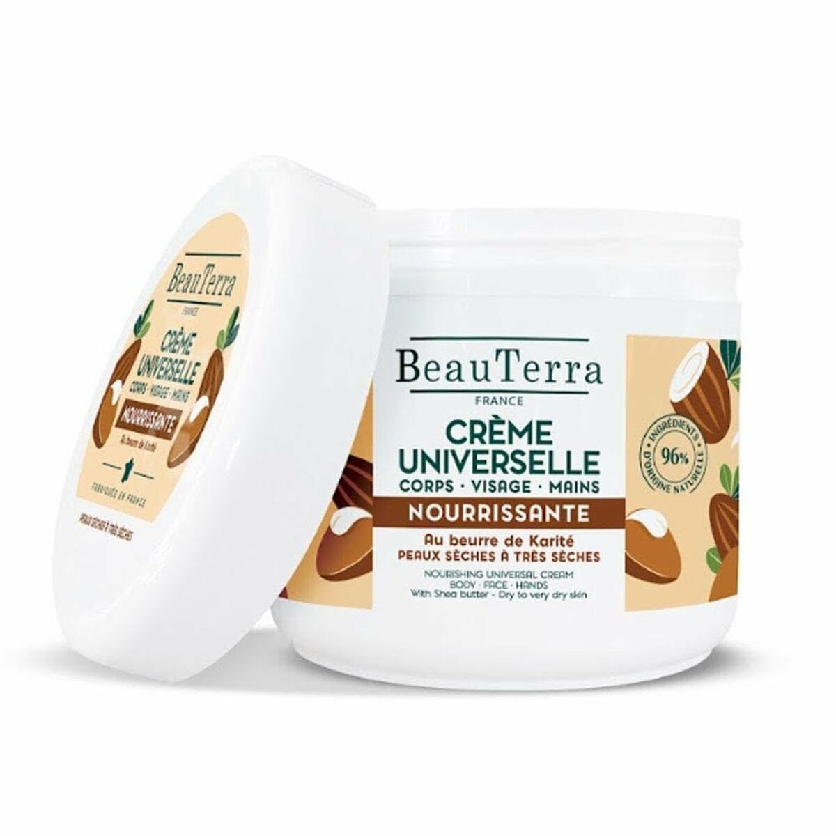 Crème Universelle Beauterra 400 ml, crème nourrissante au beurre de karité pour corps, visage et mains.