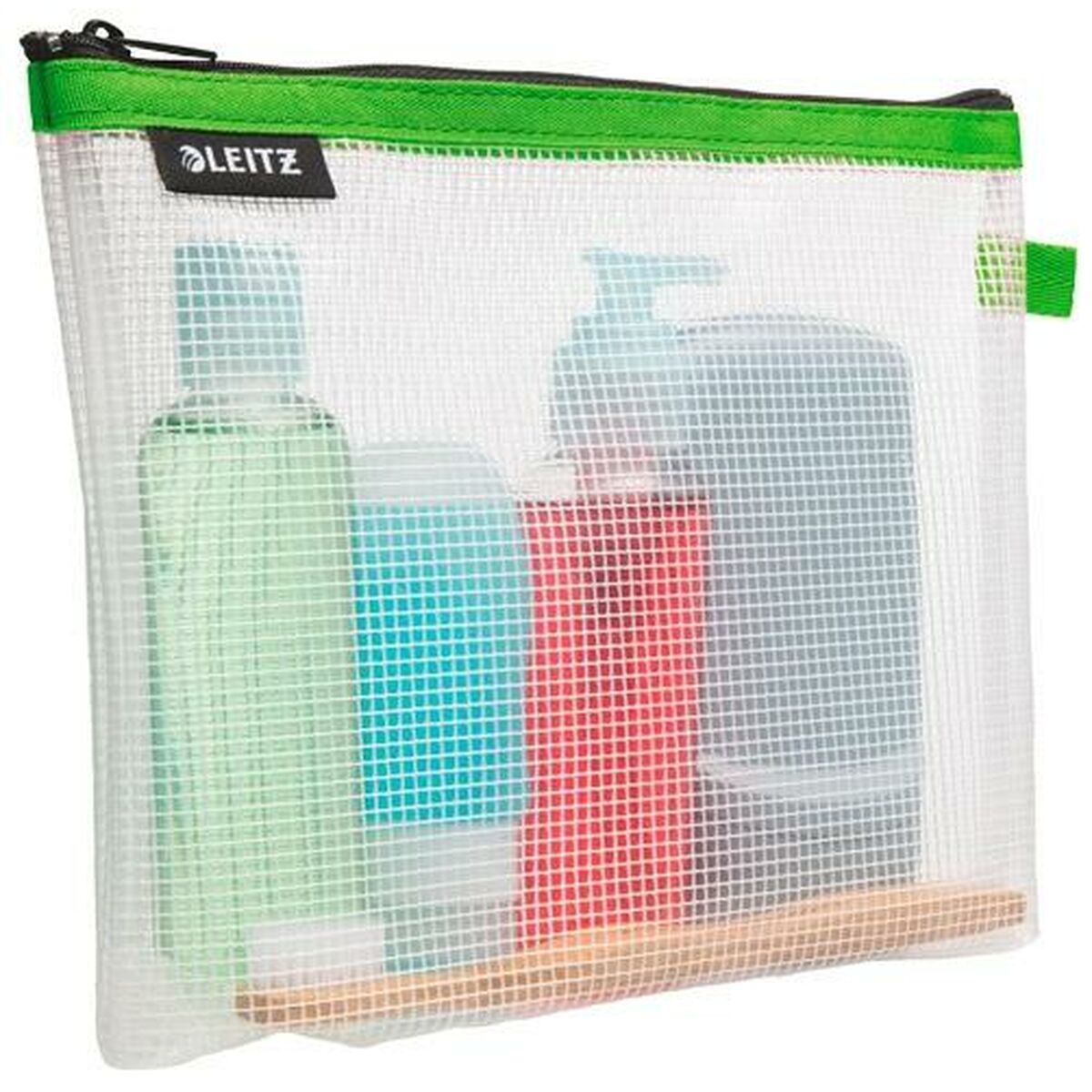 Trousse de toilette Leitz Vert avec produits de beauté, sac en mesh, idéal pour le bureau et les déplacements.