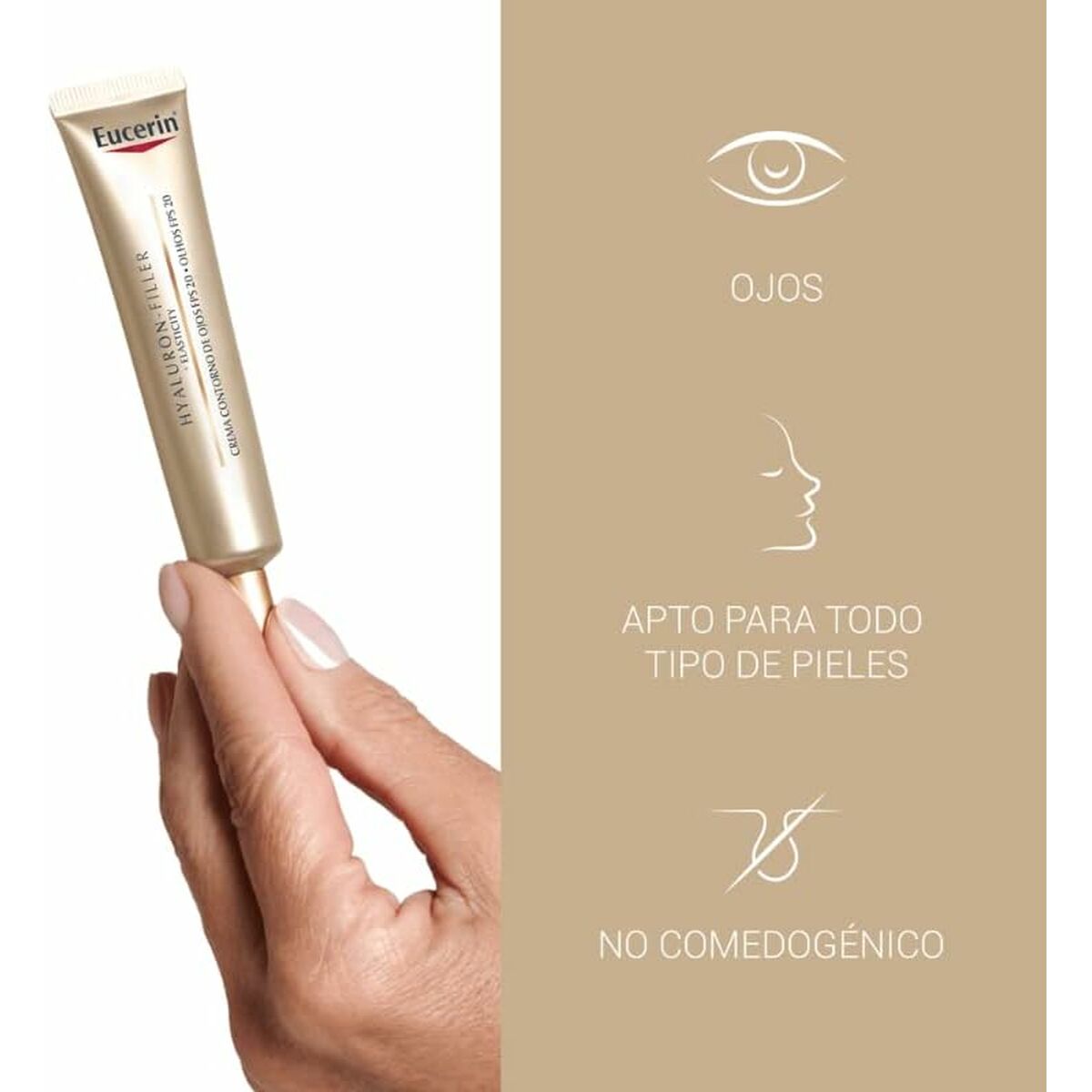 Eucerin HYALURON FILLER eye cream suitable for all skin types, non-comedogenic, in a hand-held tube.