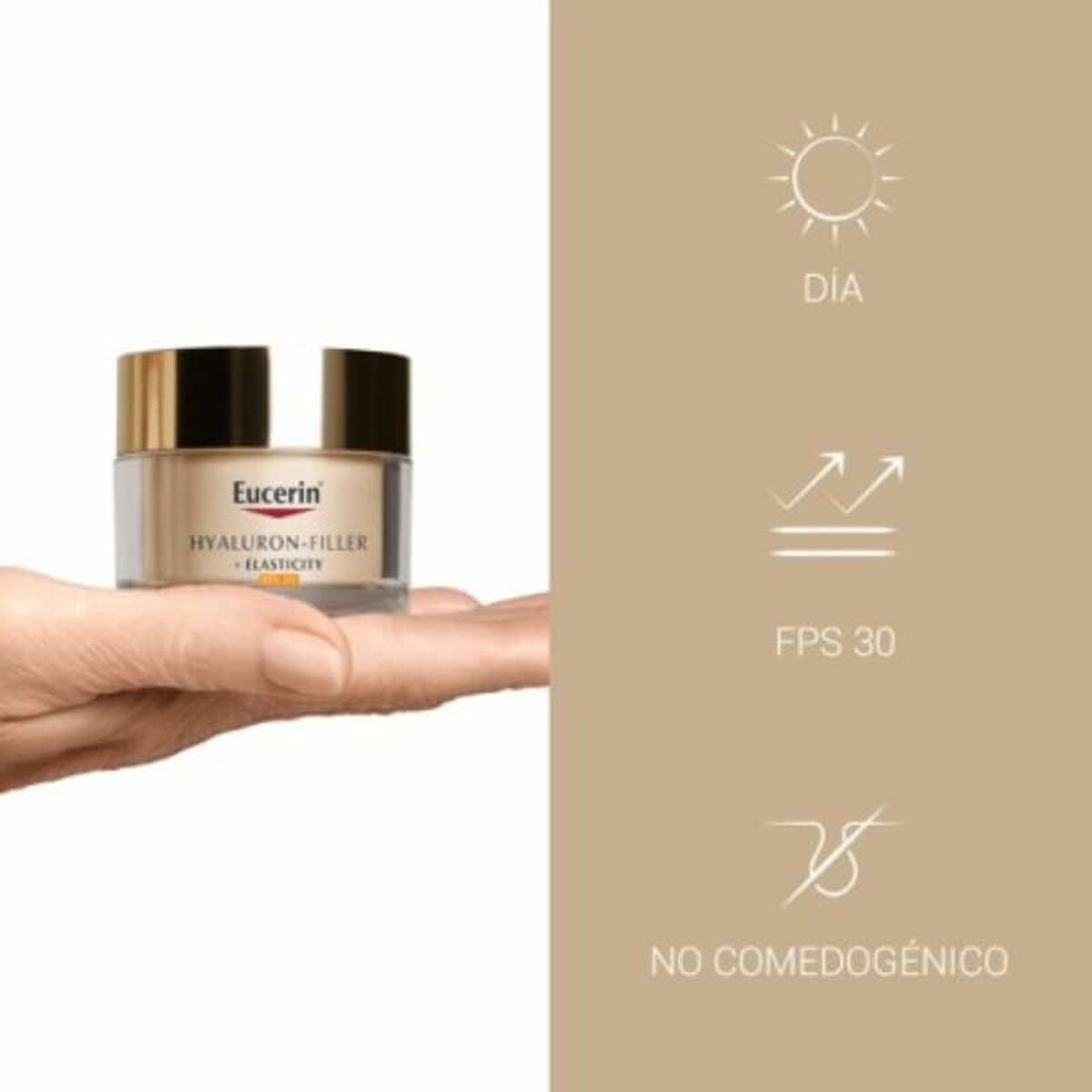 Eucerin HYALURON FILLER cream in hand, features SPF 30, non-comedogenic, for daytime use.