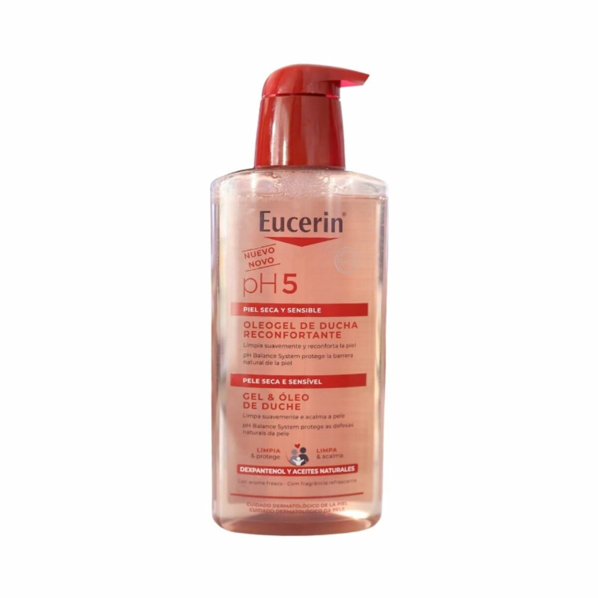 Gel de douche Eucerin PH5 400 ml pour peau sèche et sensible, apaisant, format doseur, enrichi d'huiles naturelles.