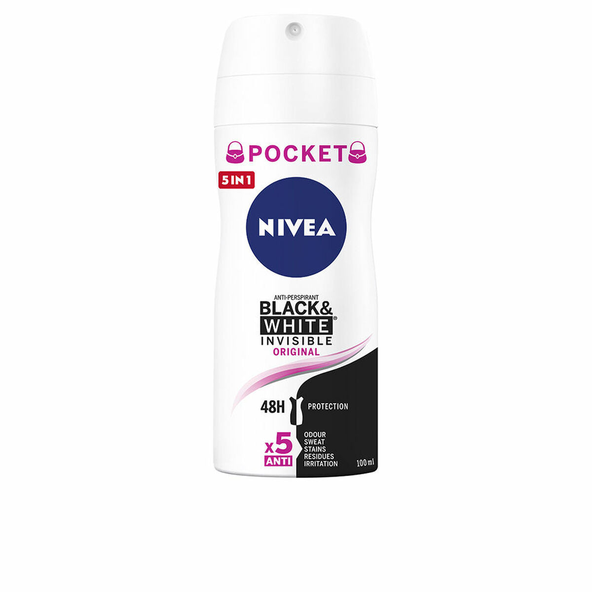 Spray déodorant Nivea BLACK & WHITE 100 ml, protection 48h, sans alcool, pour femmes, format pratique.