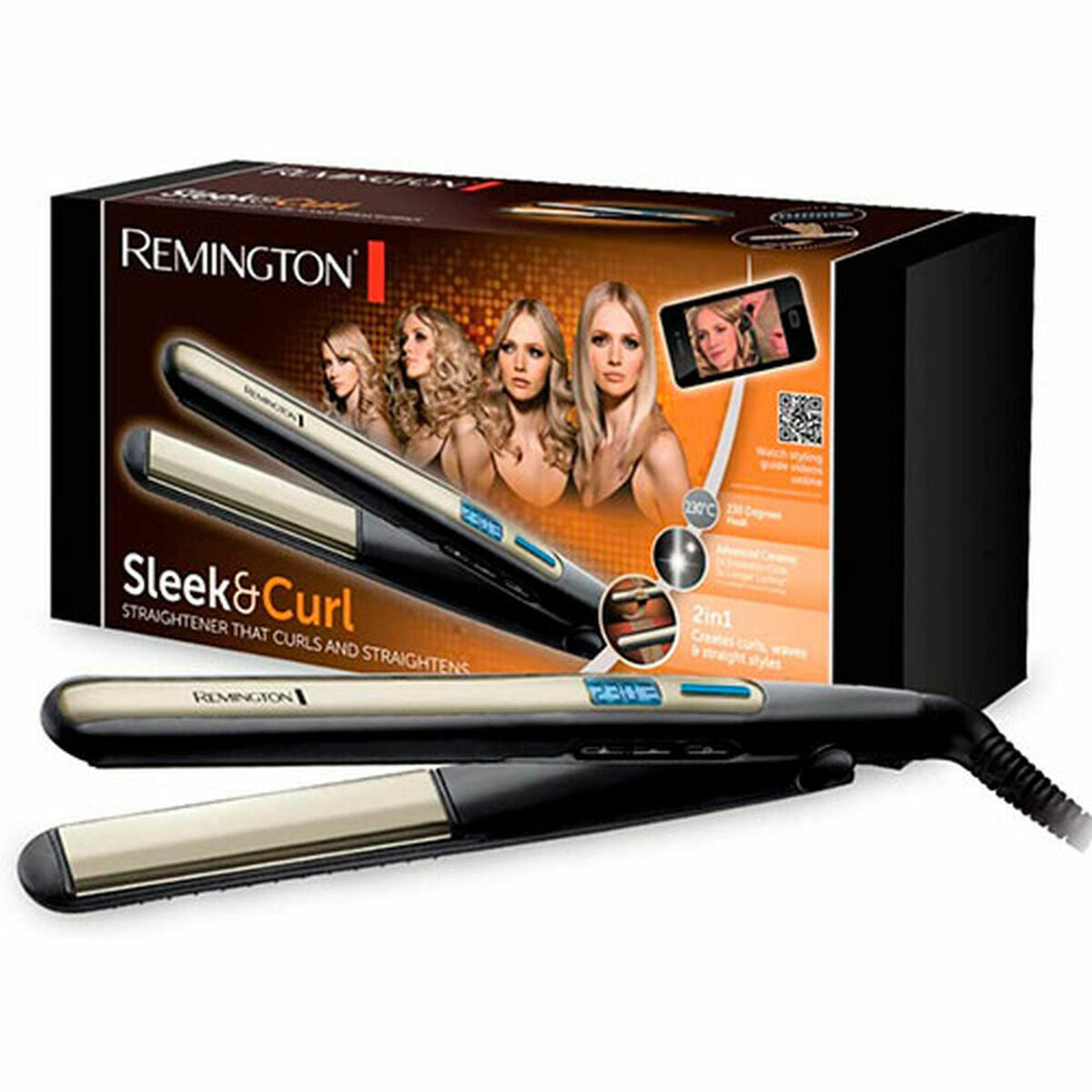 Lisseur à cheveux Remington Sleek & Curl avec boîte, idéal pour lisser et boucler, 150°C à 230°C.