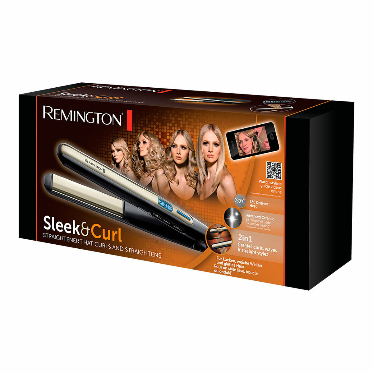 Lisseur à cheveux Remington Sleek&Curl Noir, appareil 2-en-1 pour lisser et boucler, livré dans son emballage.