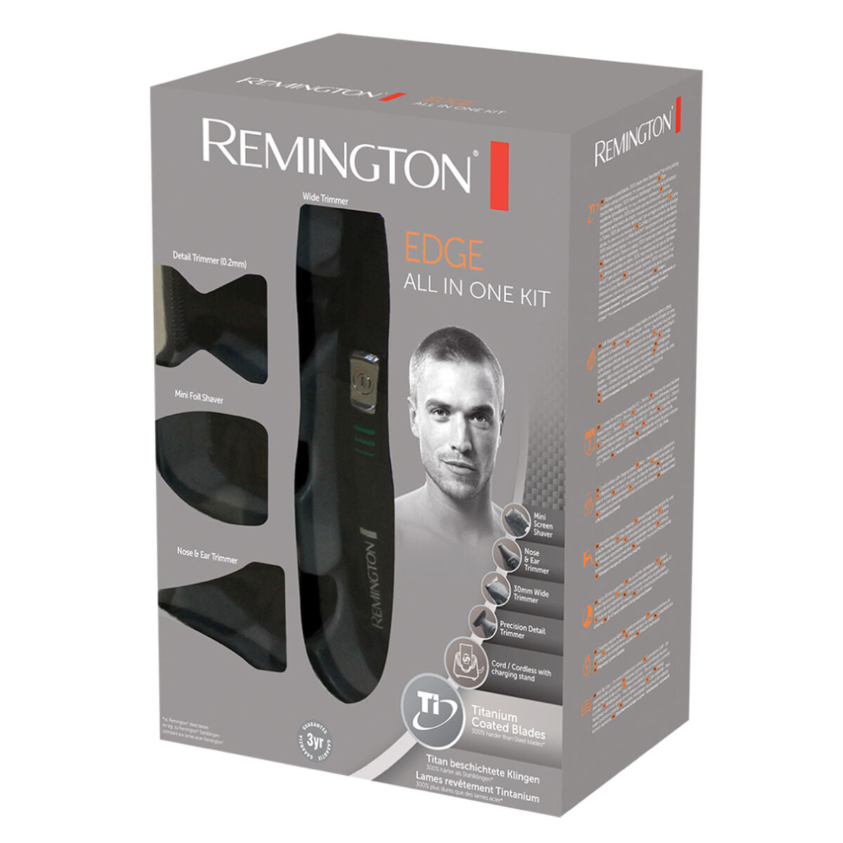 Remington Edge All-in-One grooming kit with titanium blades, includes detail trimmer and various attachments.
