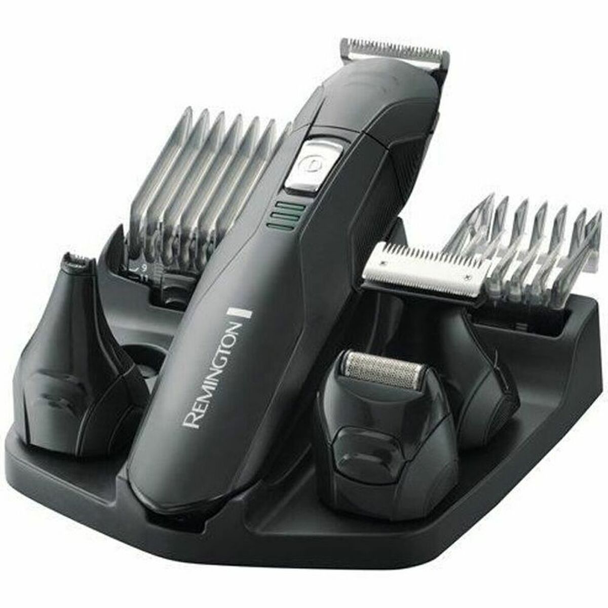 Tondeuse à cheveux Remington PG6030 avec accessoires, station de chargement et design noir en titane.