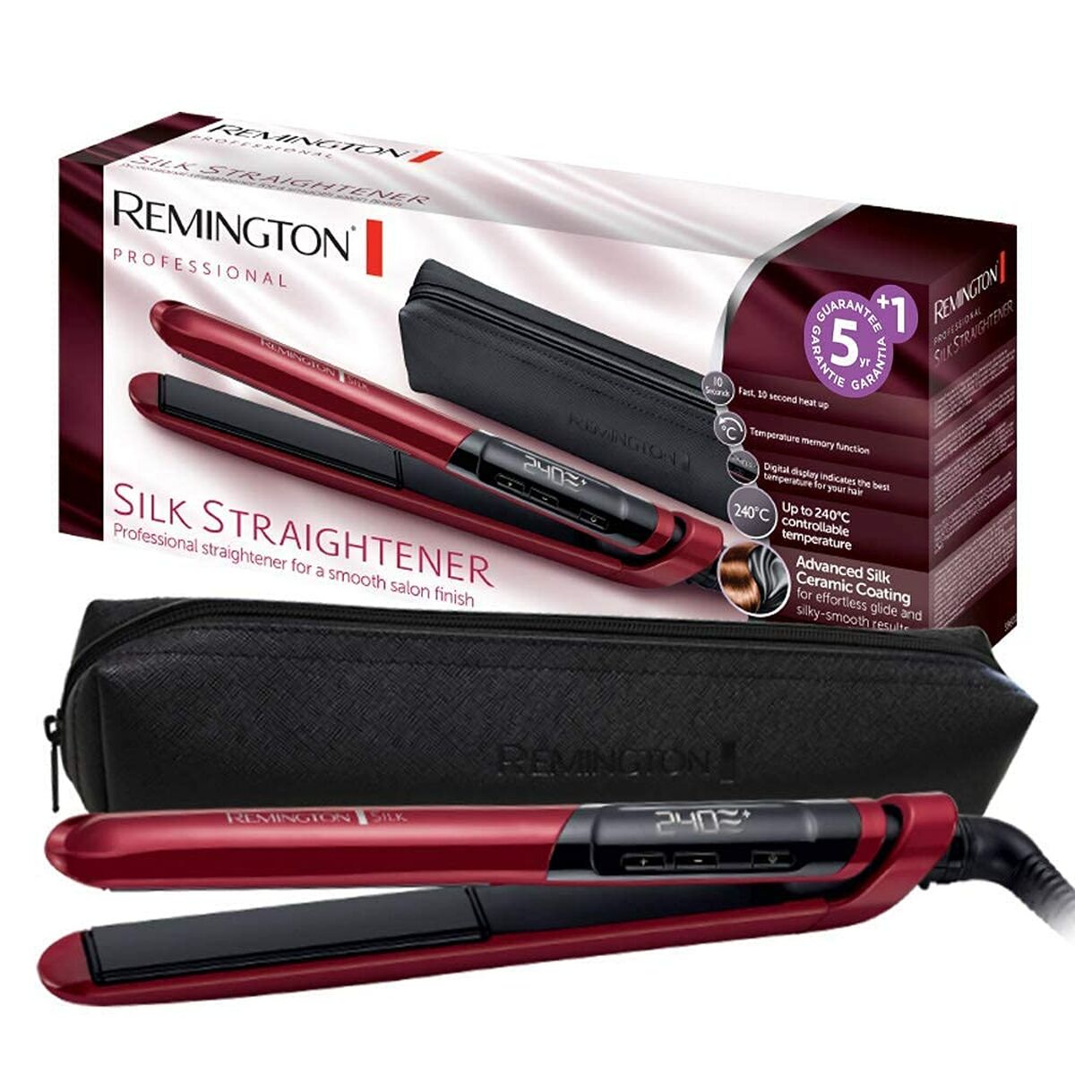 Lisseur à cheveux Remington Noir Rouge avec emballage pour un lissage professionnel et finition soyeuse.
