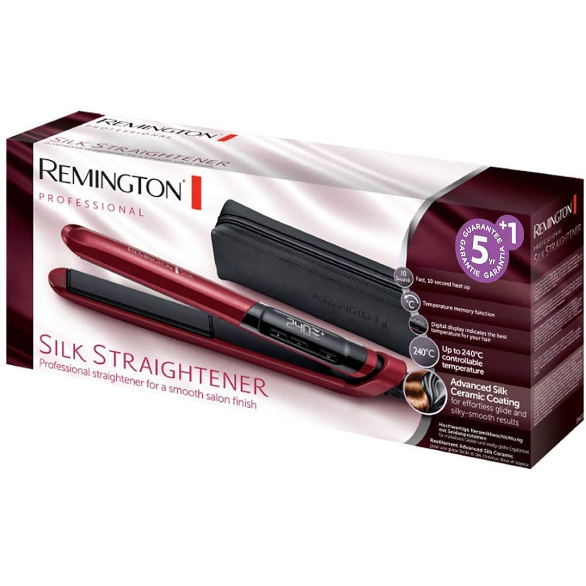Lisseur à cheveux Remington Noir Rouge avec écran intégré et coque de protection, finition lisse et brillante.