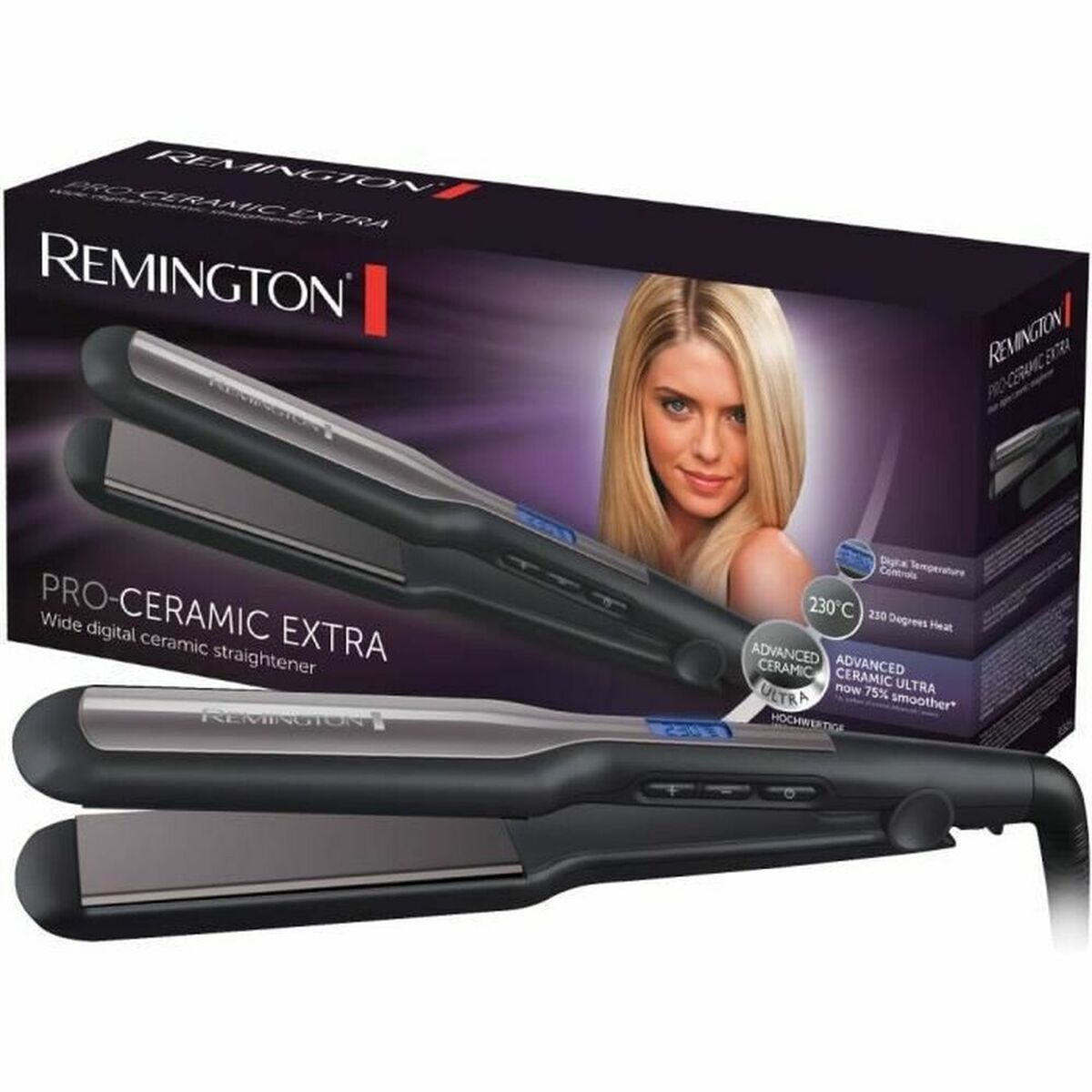 Lisseur à cheveux Remington S5525 Noir avec boîte, plaque céramique digitale et température jusqu'à 230°C.