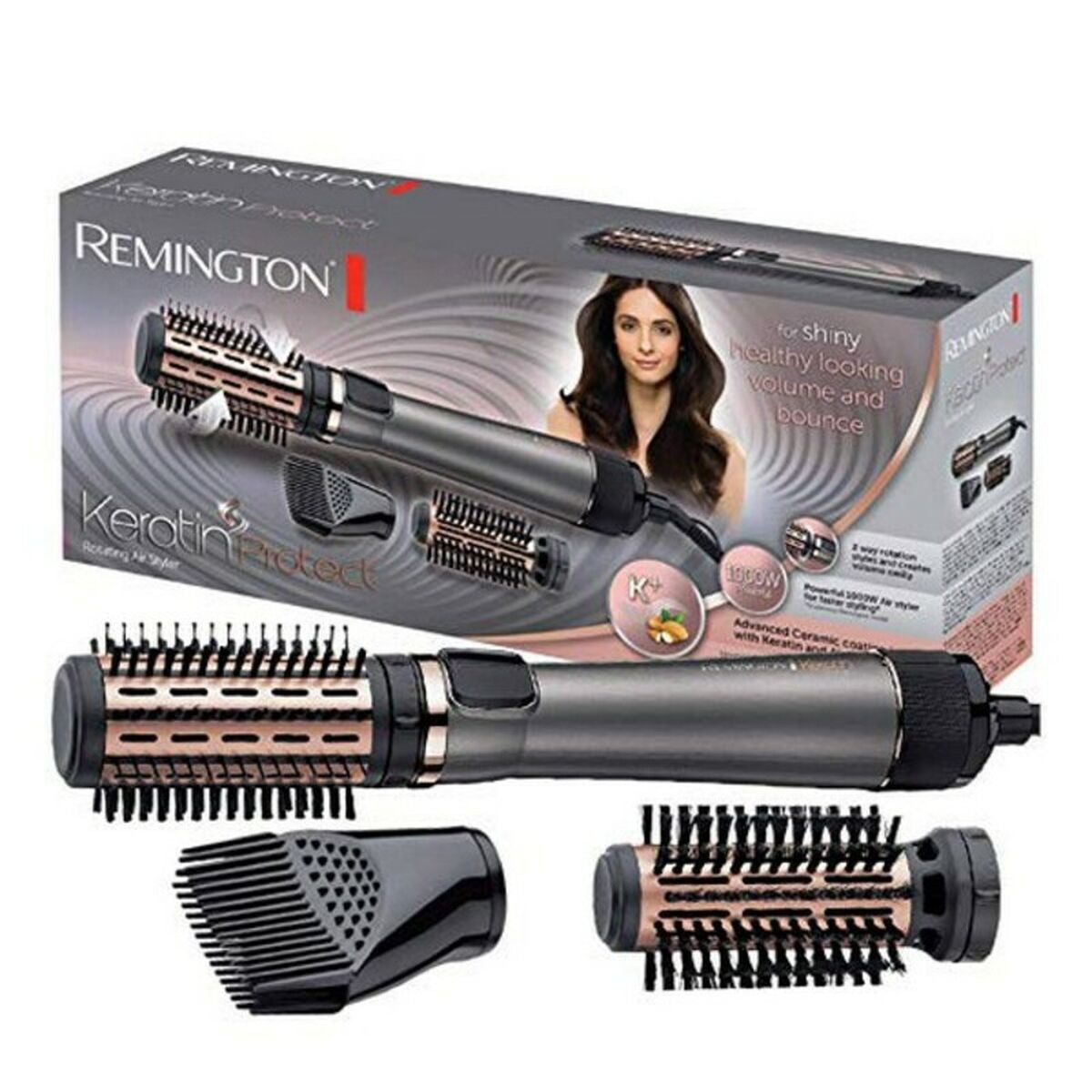 Brosse thermique Remington 45604560100 avec accessoires, idéale pour volume et brillance des cheveux.