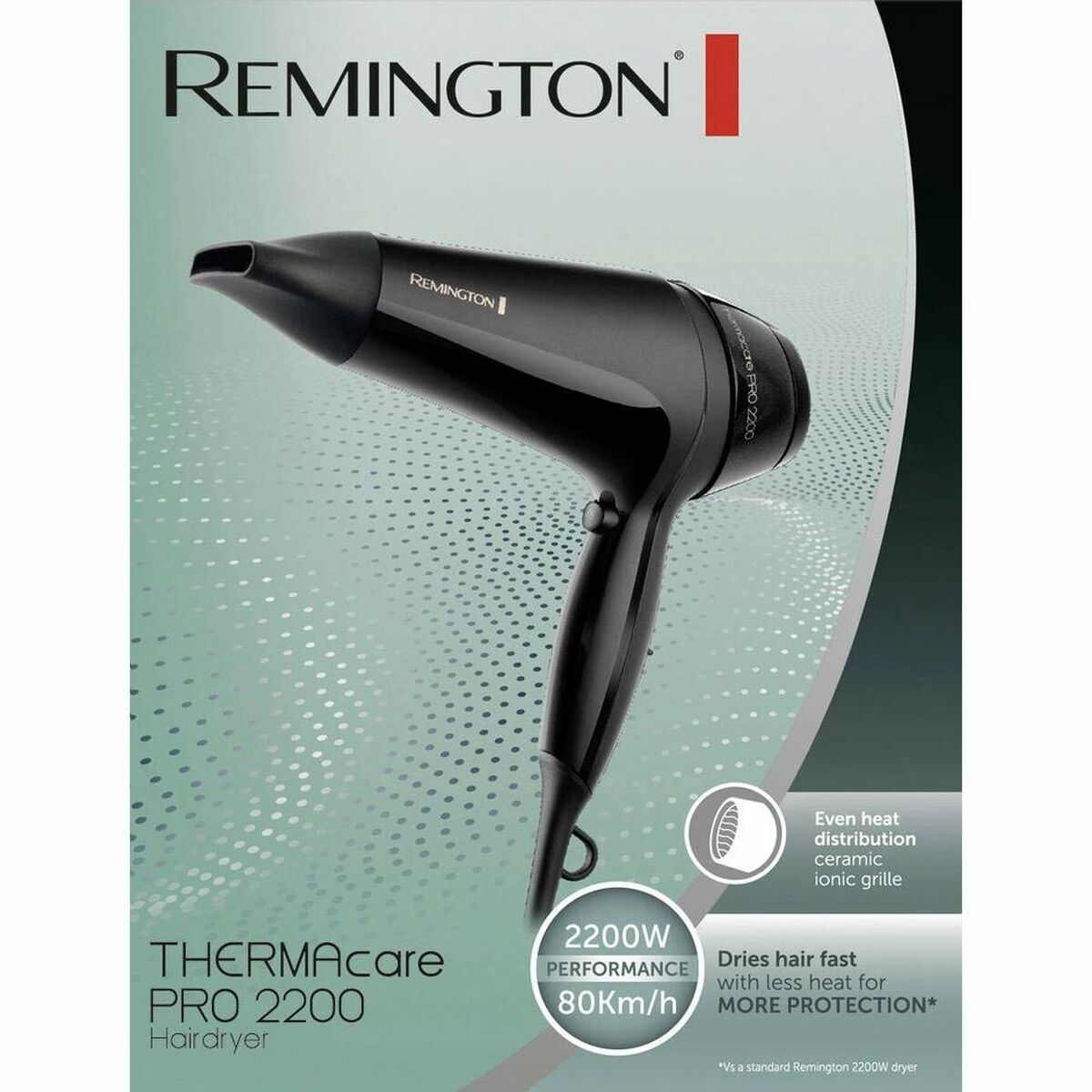 Sèche-cheveux Remington ThermaCare PRO 2200, 2200W avec grille céramique ionique pour une chaleur uniforme.
