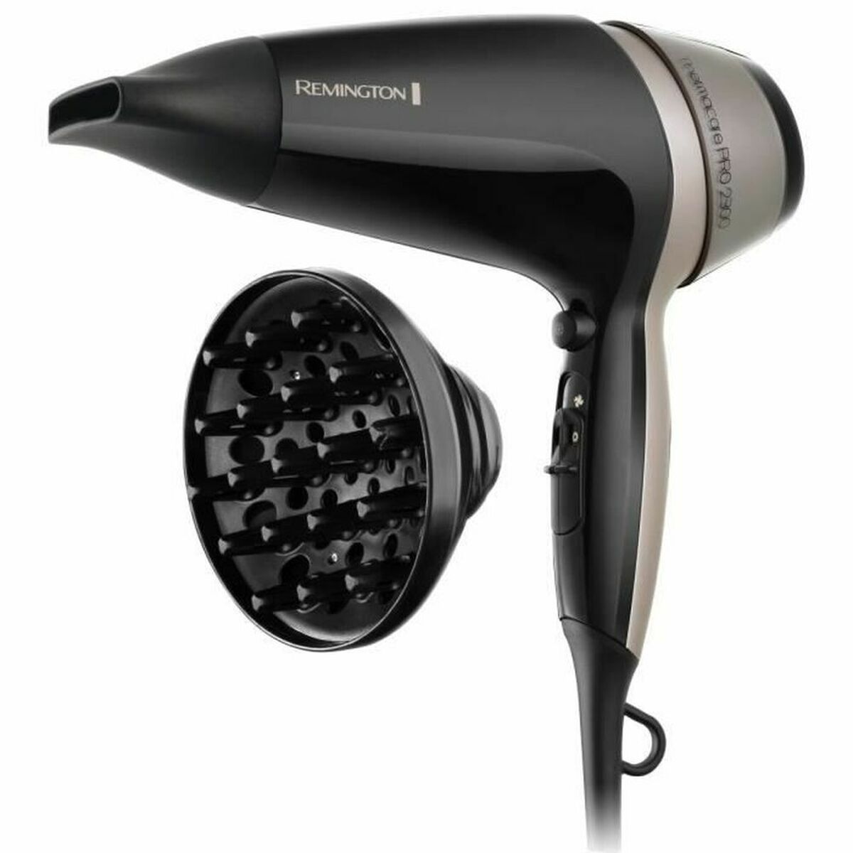 Sèche-cheveux Remington D5715 noir avec diffuseur, 2300 W, idéal pour coiffures variées et séchage rapide.