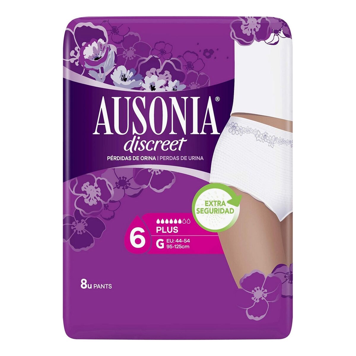 Compresses pour incontinence Ausonia Discreet Grand, 8 unités, confort discret et sécurité accrue.