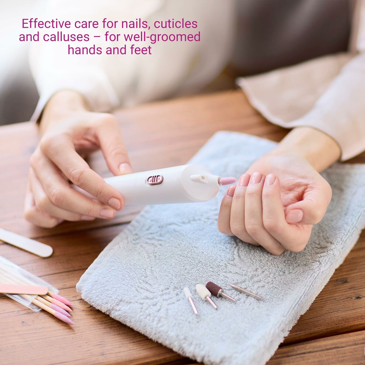 Manicure and pedicure set Medisana MP900 in use for nail care and grooming, featuring tools for cuticles and calluses.