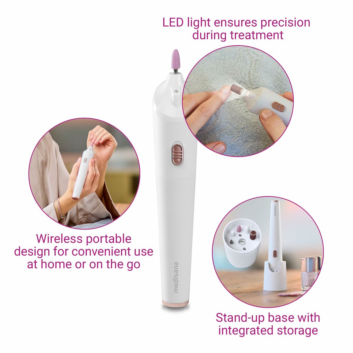 Medisana MP900 manicure pedicure set with LED light, portable design, and integrated storage for easy use.