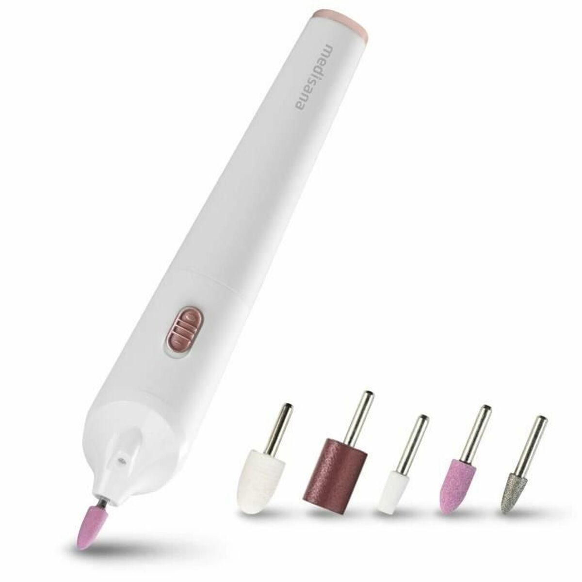 Medisana MP900 manicure and pedicure set, featuring tool tips and white ergonomic design.