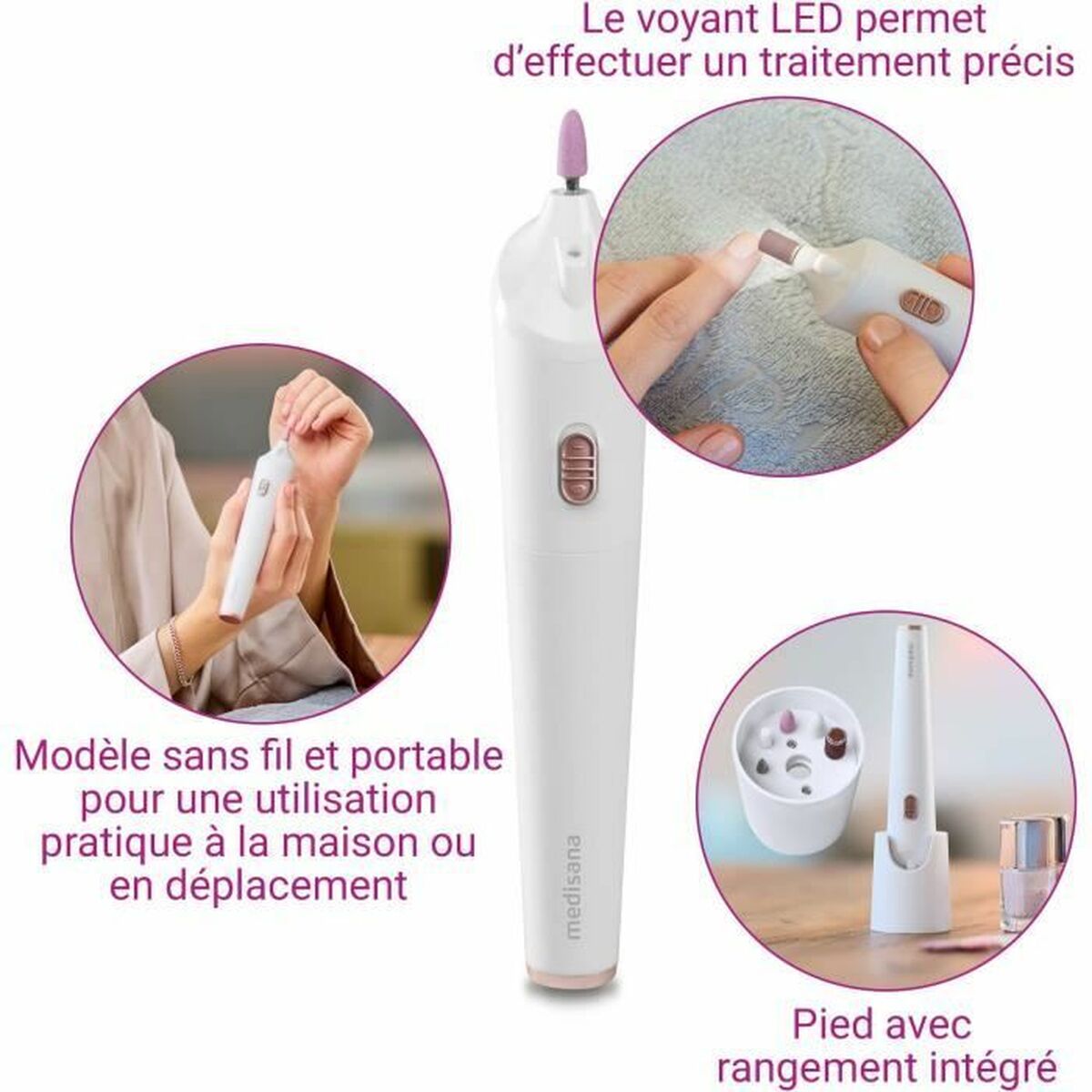 Set de manucure et pédicure Medisana MP900, modèle portable avec LED pour soins précis à la maison ou en déplacement.