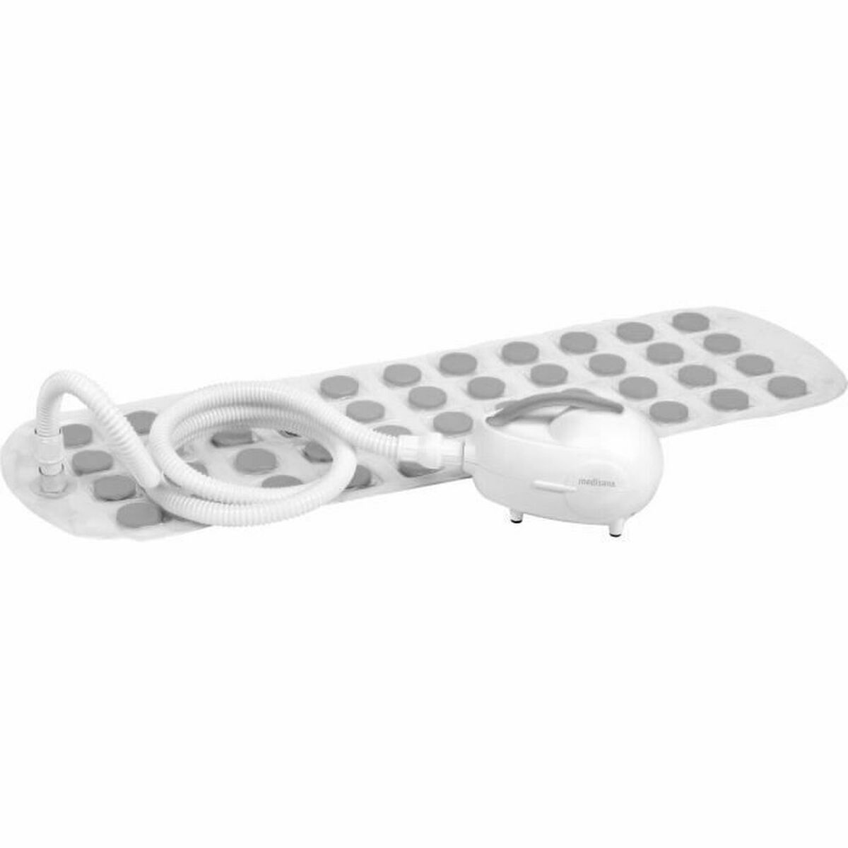 Bain moussant Medisana 88379 avec système de jet à bulles et tapis de bain en plastique blanc et gris.