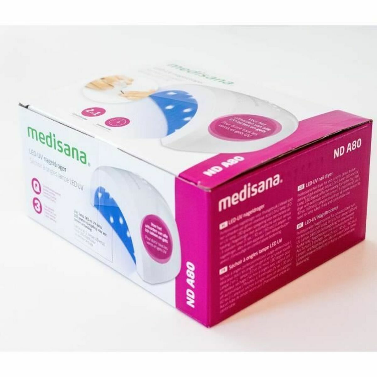 Boîte du Séchoir à ongles Medisana NDA80, USB, design moderne, soins esthétiques abordables.
