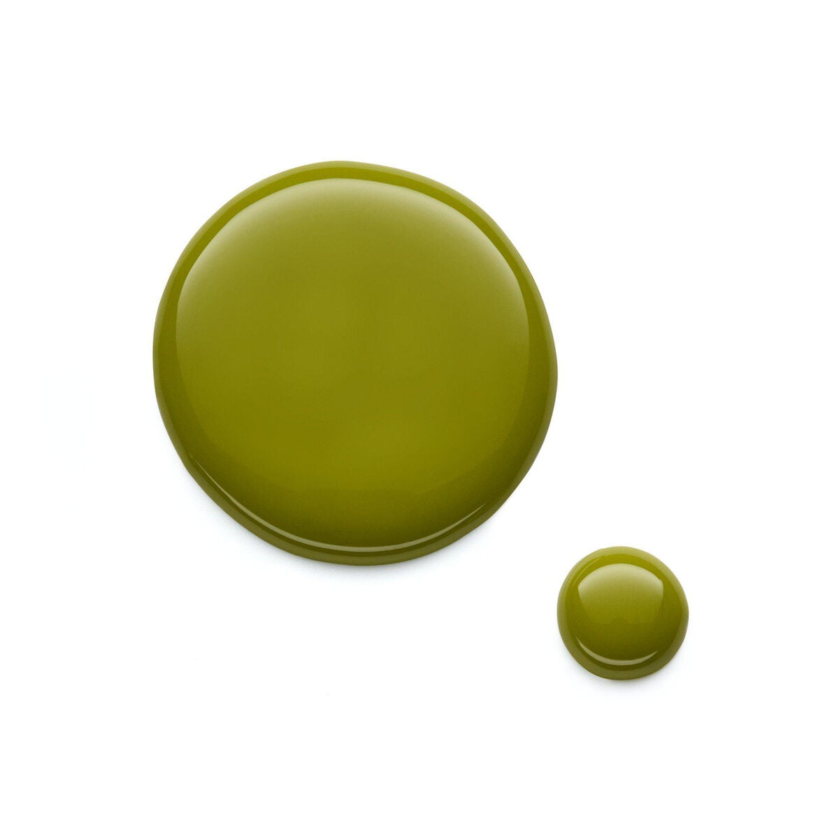 Green nail polish swatches, one large droplet and one smaller droplet, showcasing a gel texture.