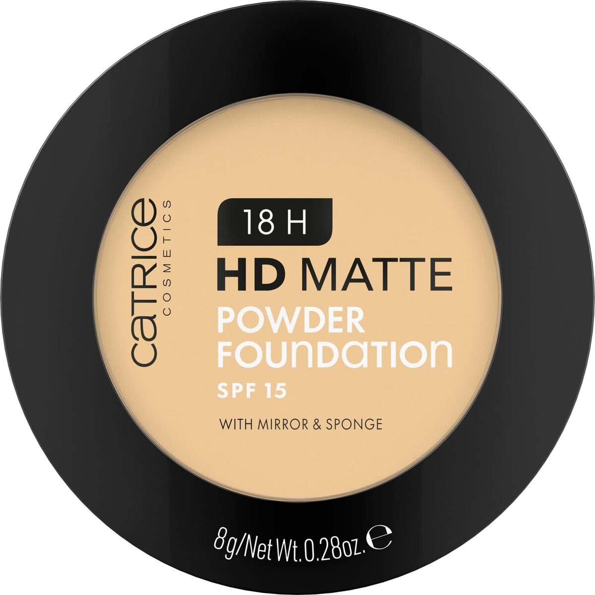 Catrice HD Matte Powder Foundation Nº 015N SPF 15, 8g, featuring mirror and sponge for flawless makeup.