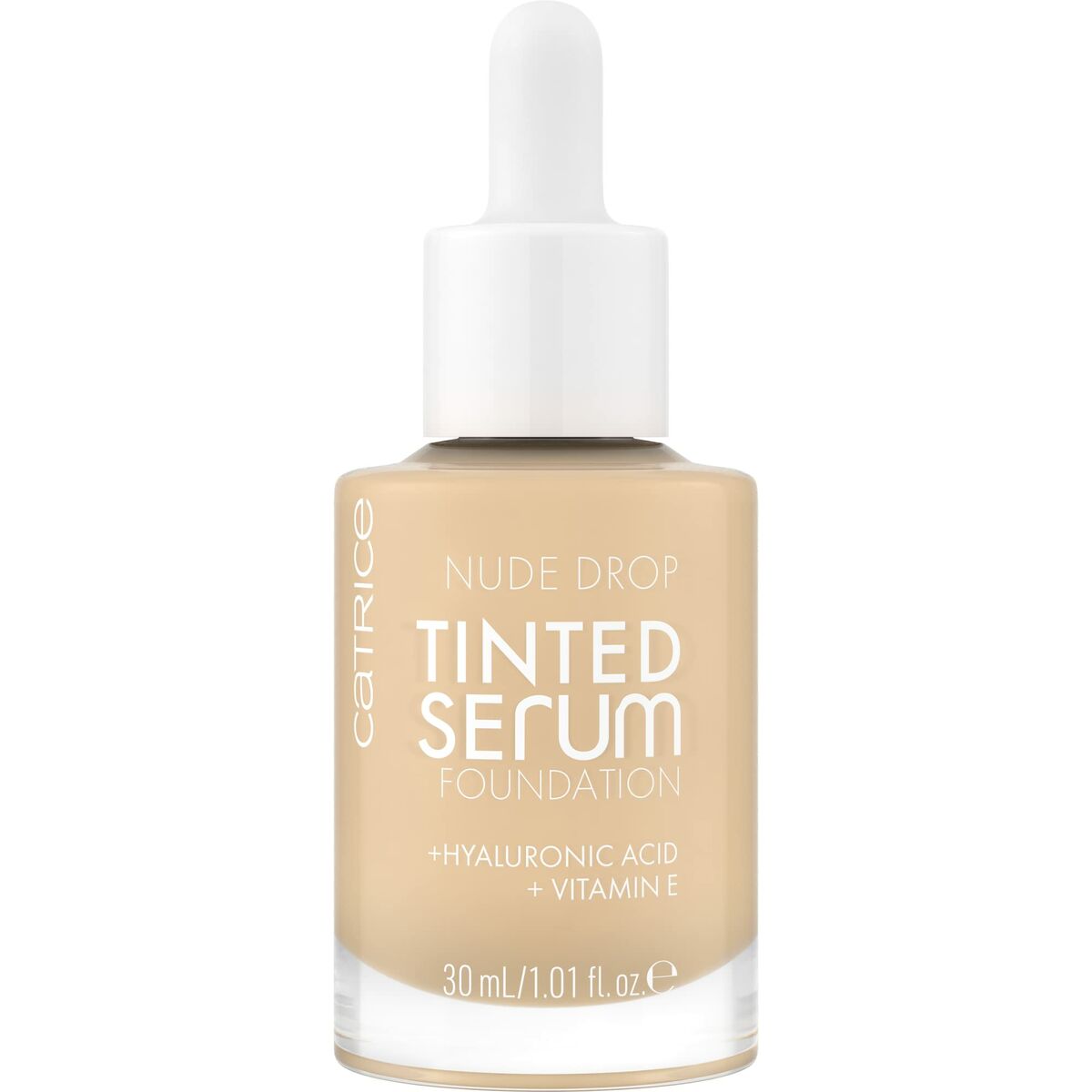 Catrice Nude Drop Tinted Serum Foundation in Beige, 30 ml with hyaluronic acid and vitamin E for a natural finish.