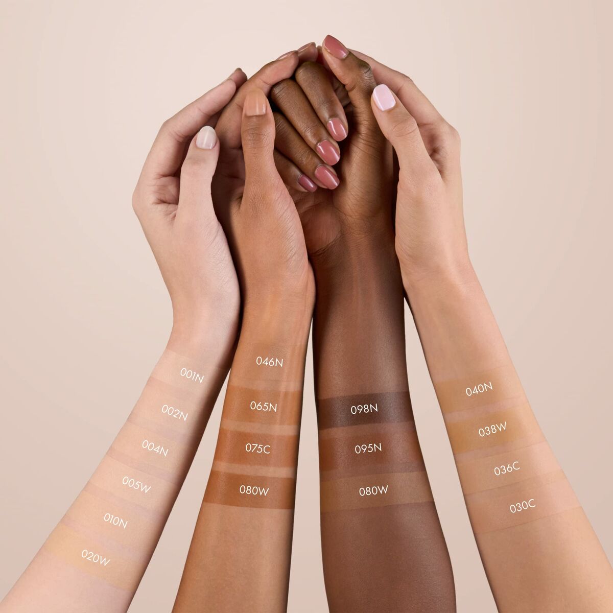 Diverse skin tones showcasing Catrice foundation shades with numbered swatches for color reference.