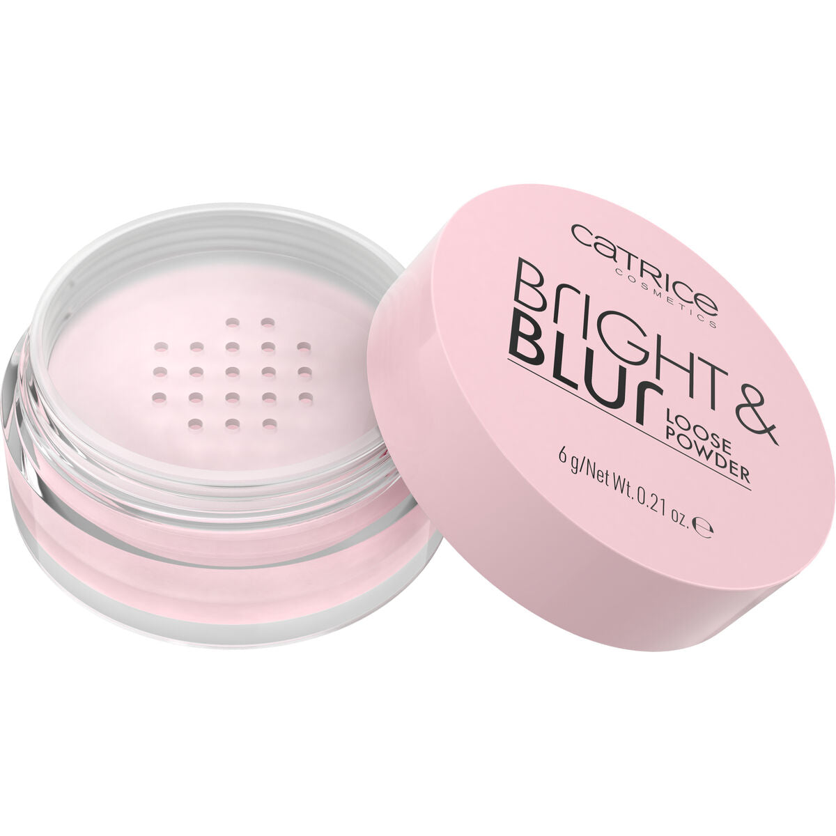 Catrice BRIGHT & BLUR loose powder in pink container for radiant makeup looks.