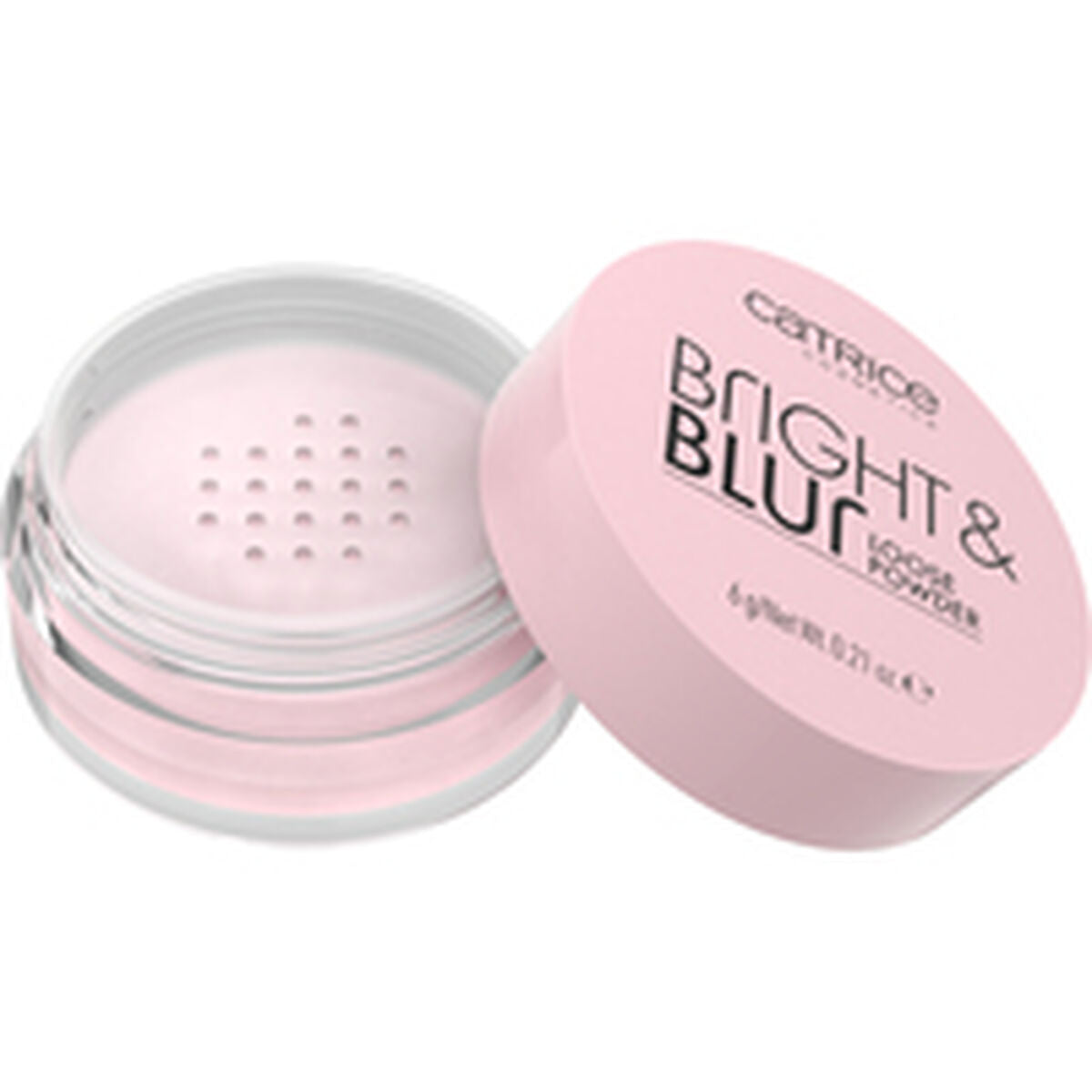 Catrice BRIGHT & BLUR translucent powder in pink jar for a flawless makeup finish.