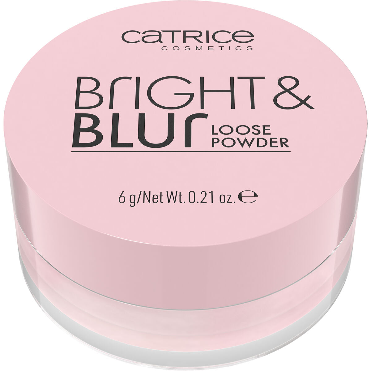 Catrice Bright & Blur Loose Powder in pink packaging for a flawless finish and enhanced beauty.