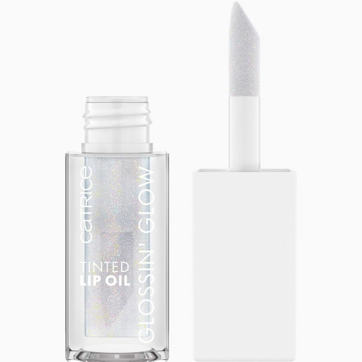 Catrice GLOSSIN' GLOW tinted lip oil in a clear tube with applicator, 4 ml, vegan, and paraben-free beauty product.