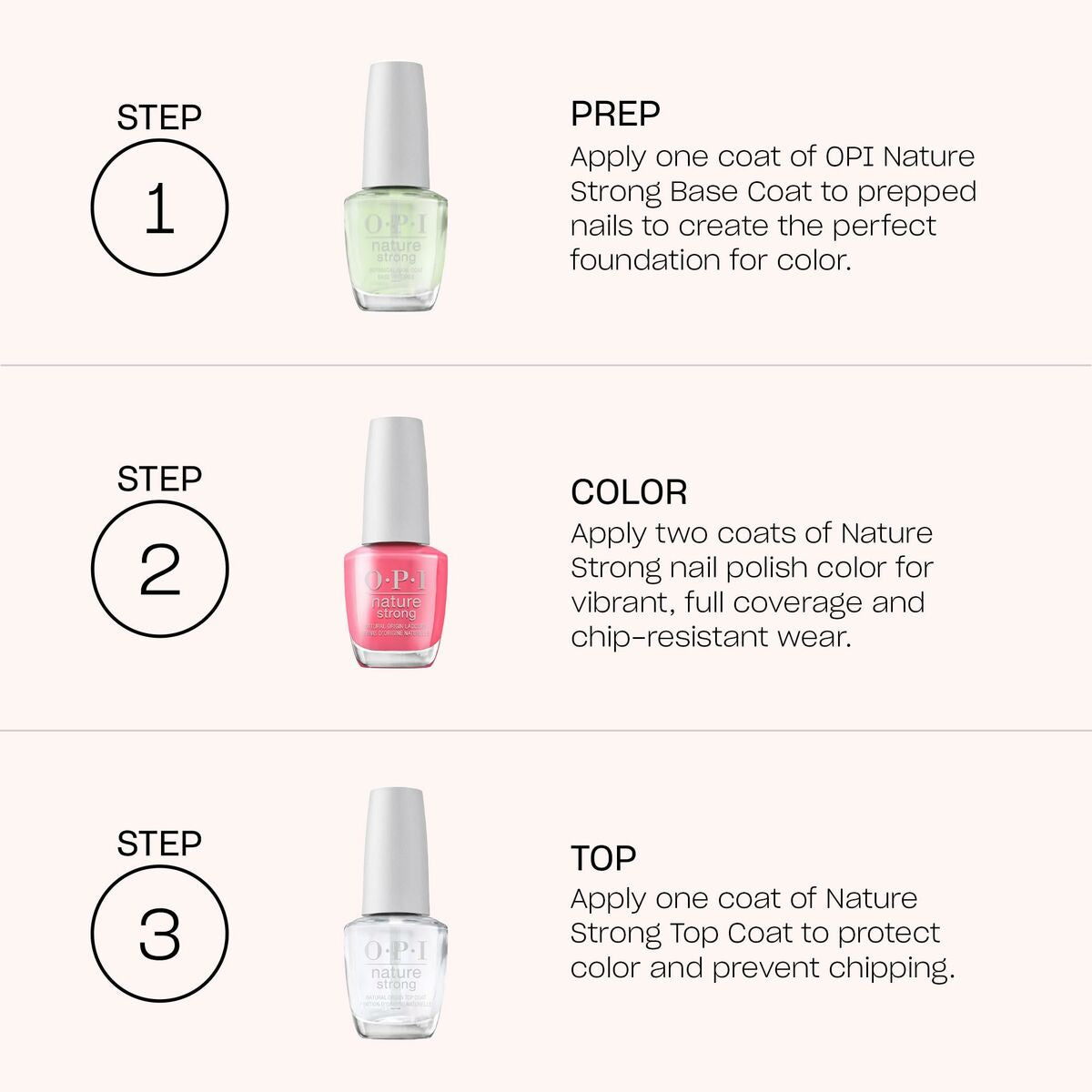 Step-by-step guide for applying OPI Nature Strong nail products: base coat, color coat, top coat.