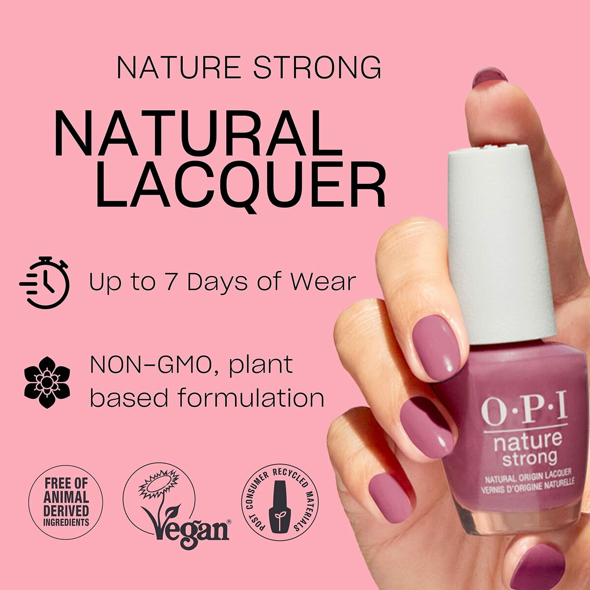 O.P.I. Nature Strong natural lacquer in pink, vegan formula, lasts up to 7 days, plant-based, cruelty-free.