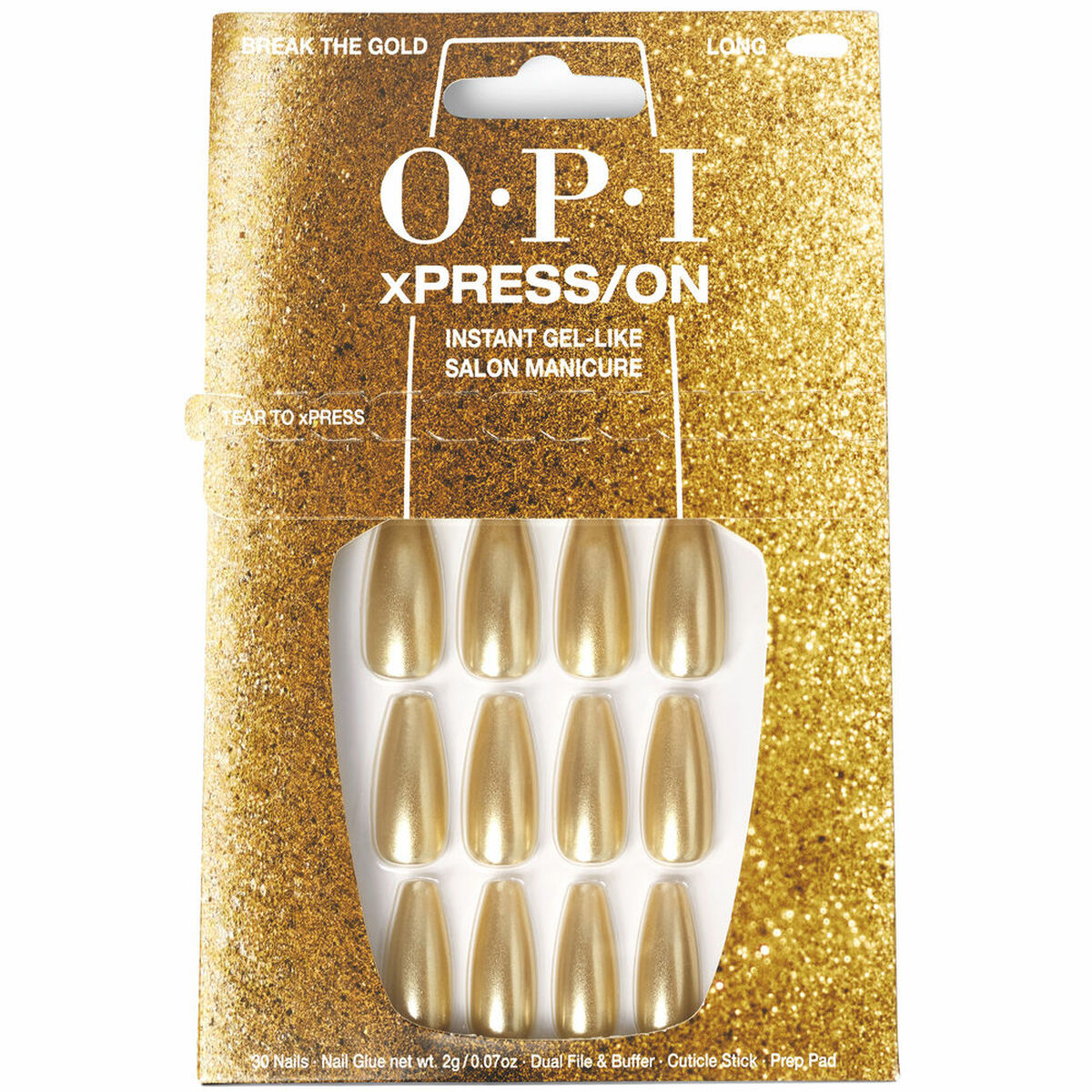 Faux ongles OPI #Break the Gold, 30 pièces, fini doré, style salon, adaptés pour une manucure instantanée.