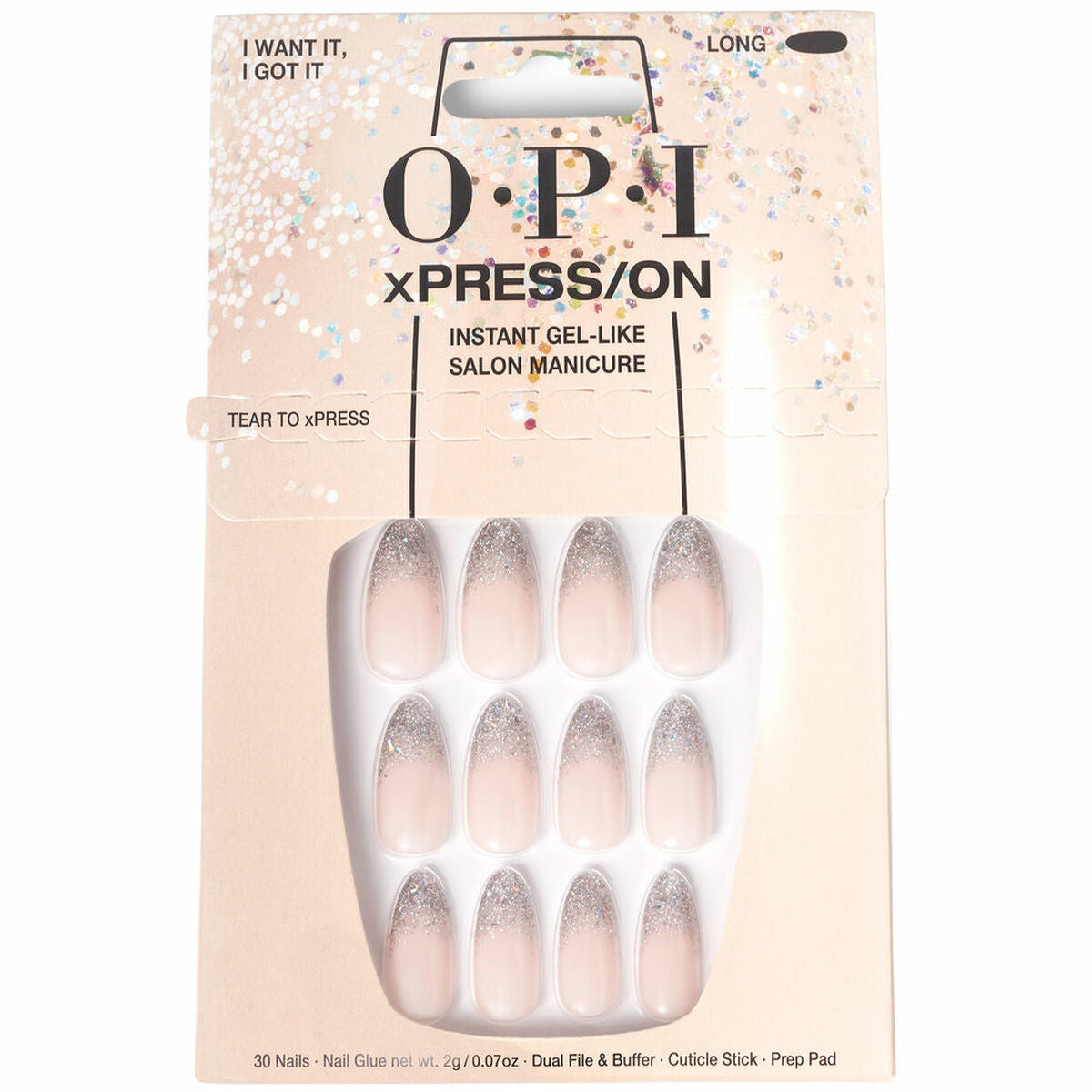Faux ongles OPI '#I Want It, I Got It', 30 pièces, manucure salon instantanée, aspect gel, longue durée.
